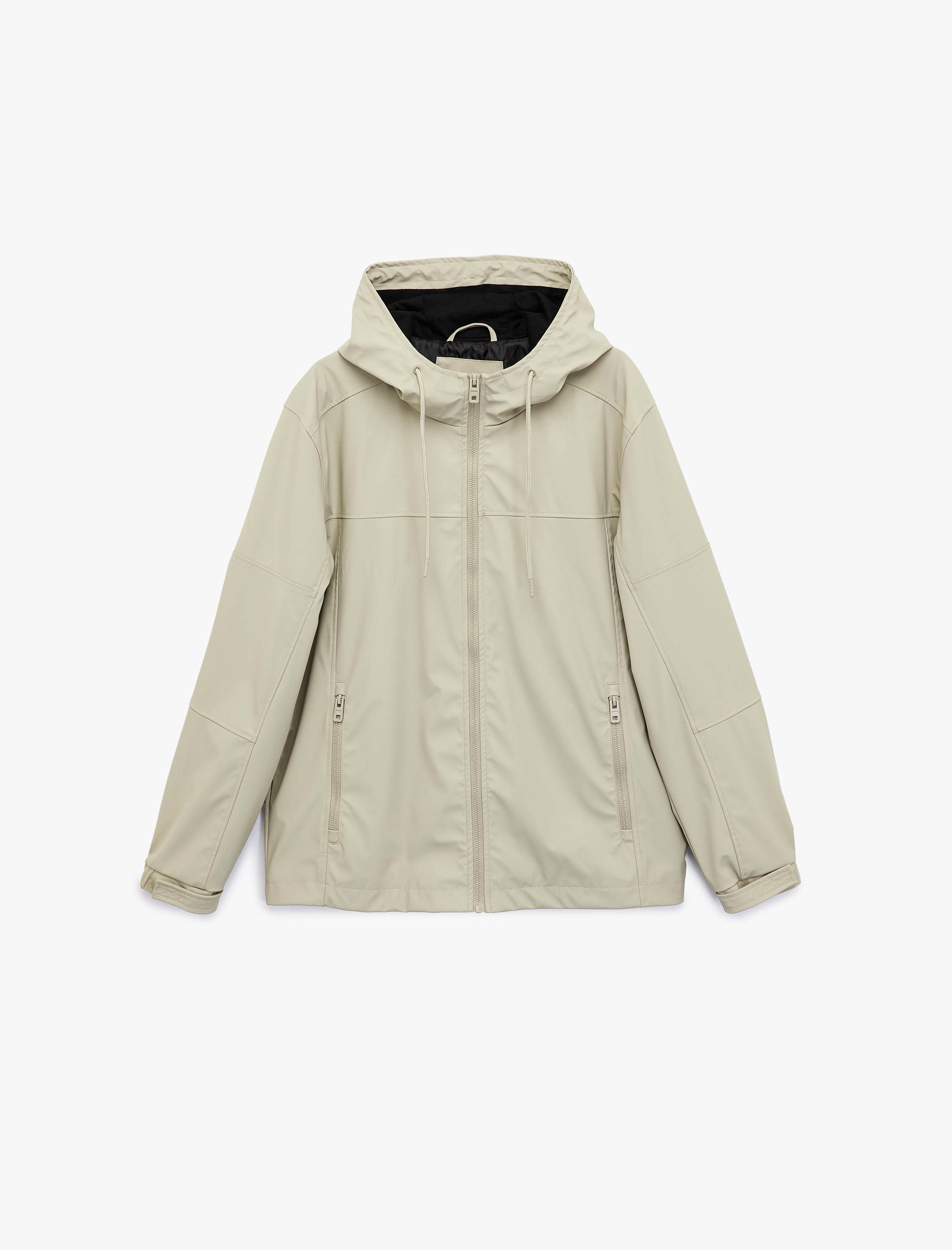   Uzun Kollu Fermuarlı Cep Detaylı Kapşonlu Yağmurluk