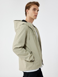 Uzun Kollu Fermuarlı Cep Detaylı Kapşonlu Yağmurluk