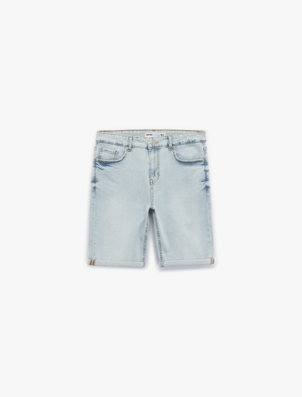 Katlamalı Paça Cep Detaylı Pamuklu Slim Fit Jean Şort_3