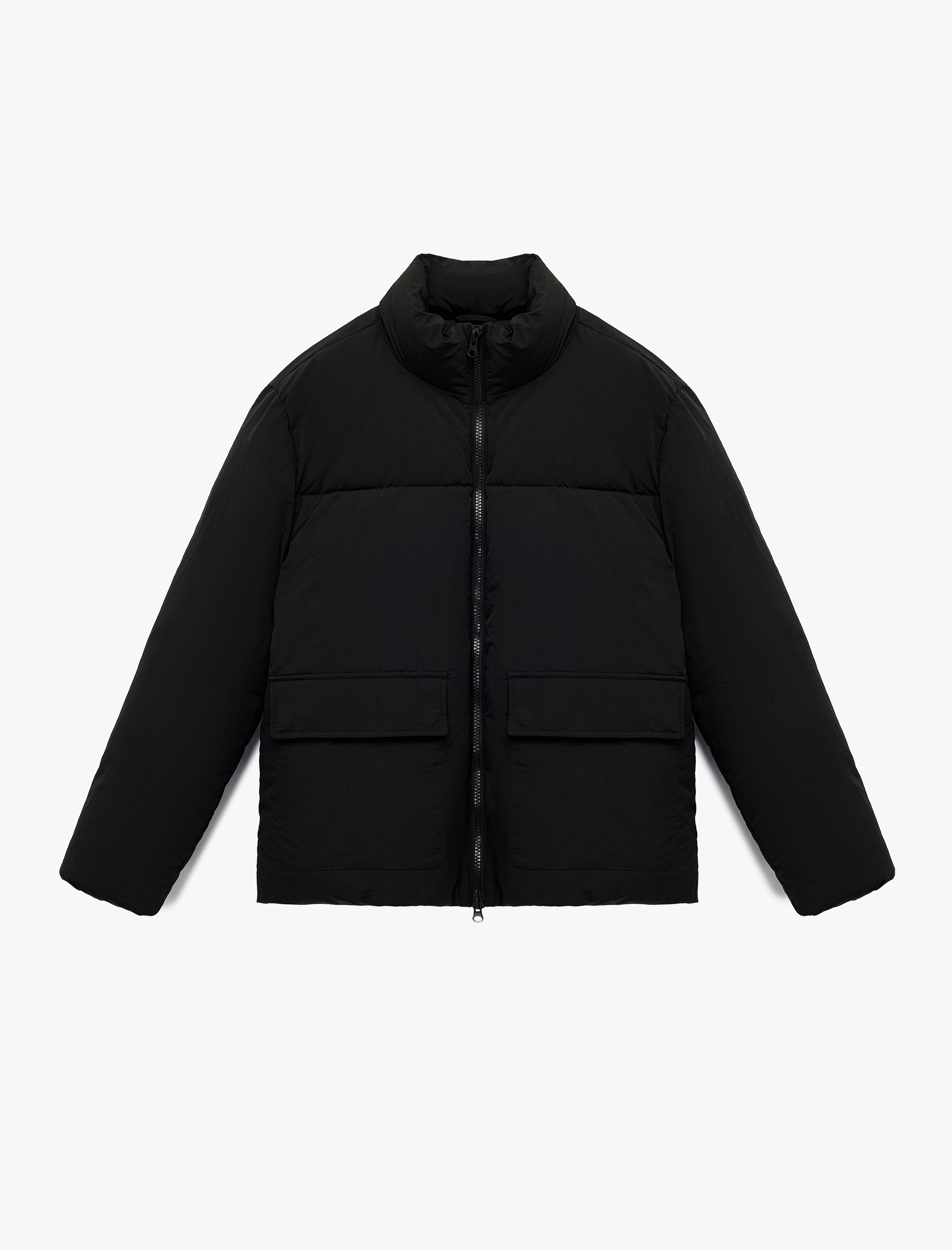   Uzun Kollu Kapaklı Cep Detaylı Fermuarlı Slim Fit Dik Yaka Kışlık Şişme Mont