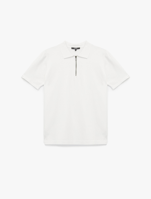 Viskon Regular Fit Polo Yaka Yarım Fermuarlı Kısa Kollu Triko Tişört_2