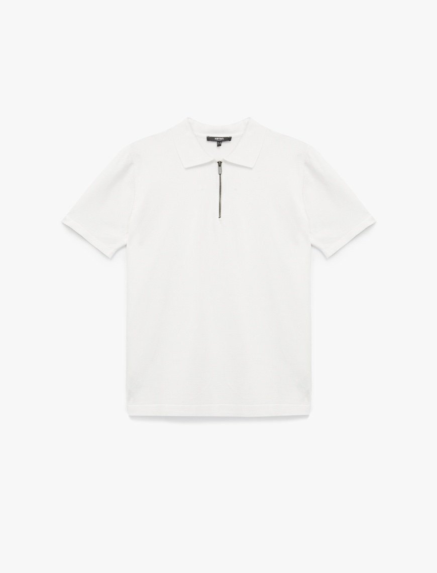   Viskon Regular Fit Polo Yaka Yarım Fermuarlı Kısa Kollu Triko Tişört