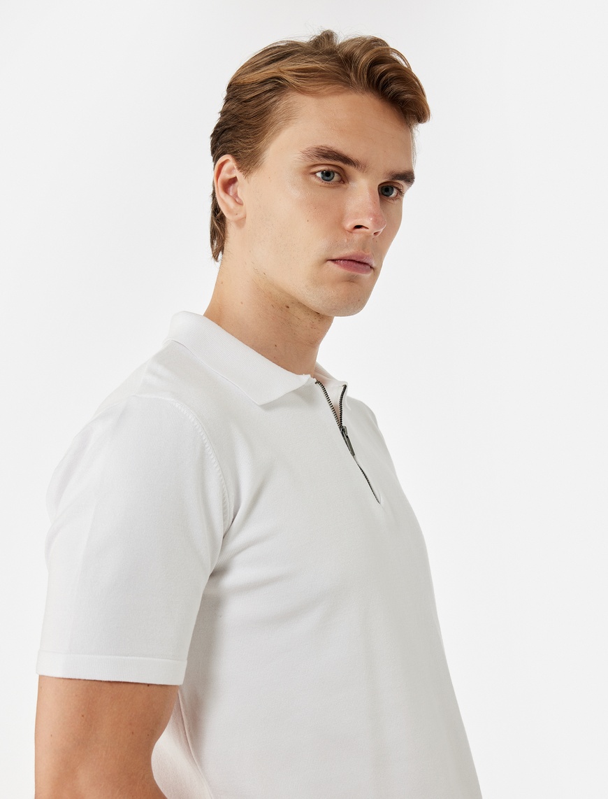   Viskon Regular Fit Polo Yaka Yarım Fermuarlı Kısa Kollu Triko Tişört