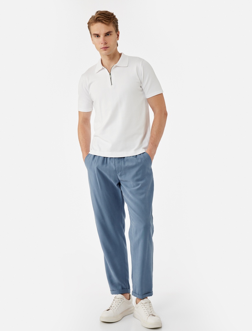   Viskon Regular Fit Polo Yaka Yarım Fermuarlı Kısa Kollu Triko Tişört