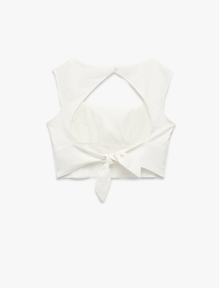  Arkası Pencere Detaylı Kare Yaka Kolsuz Keten Crop Bluz