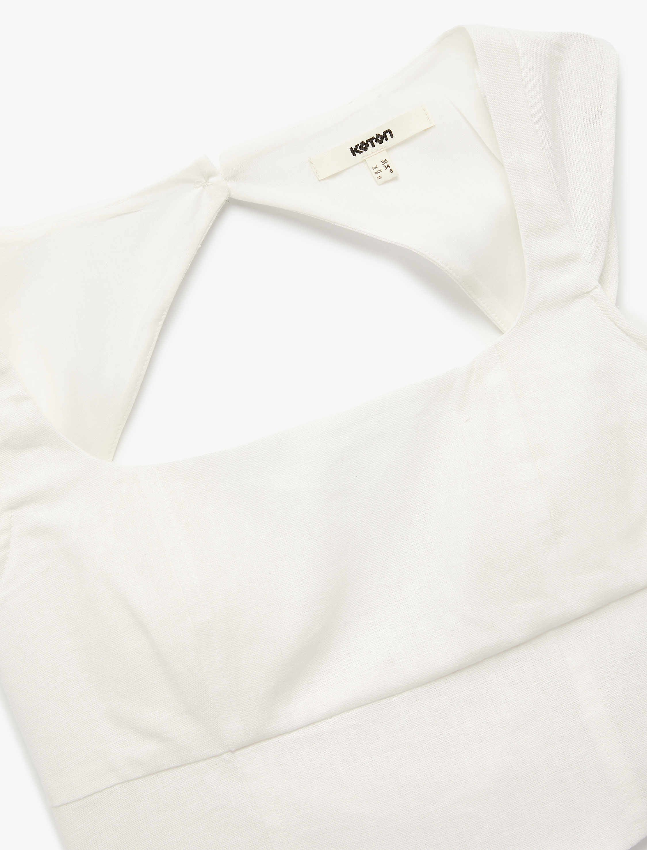 Arkası Pencere Detaylı Kare Yaka Kolsuz Keten Crop Bluz