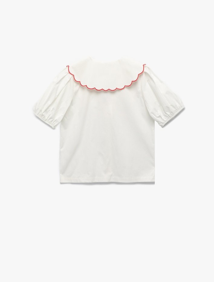  Pamuklu Kısa Balon Kollu Çiçek İşleme Detaylı Geniş Bebe Yaka Gömlek