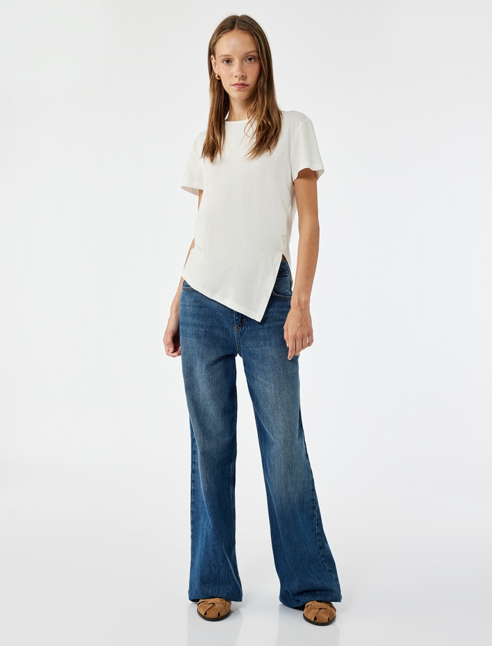  Basic Kısa Kollu Bisiklet Yaka Asimetrik Kesim Yırtmaçlı Kadın Tişört