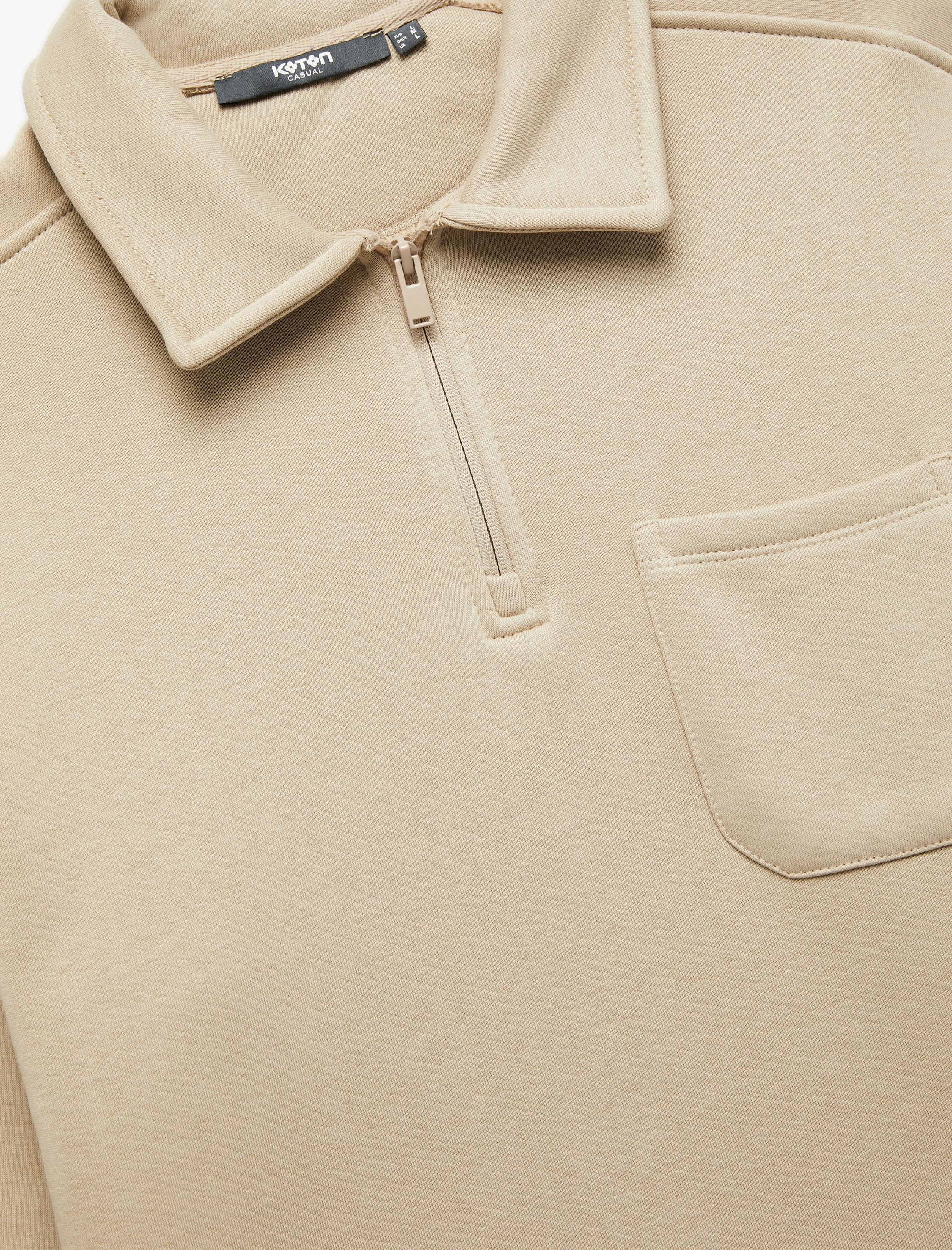   Şardonlu Cep Detaylı Uzun Kollu Yarım Fermuarlı Polo Yaka Sweatshirt