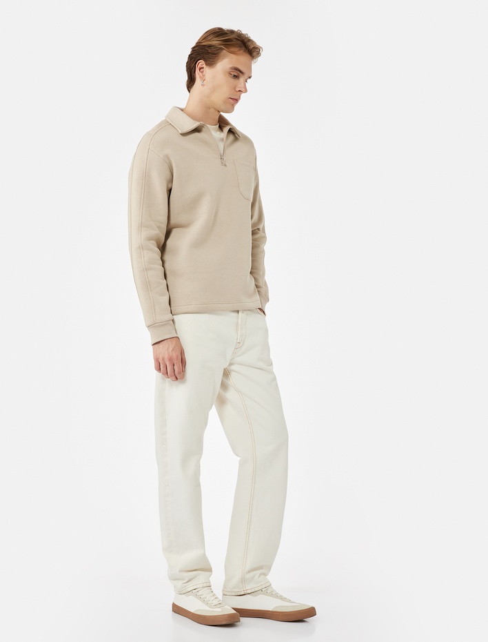  Şardonlu Cep Detaylı Uzun Kollu Yarım Fermuarlı Polo Yaka Sweatshirt