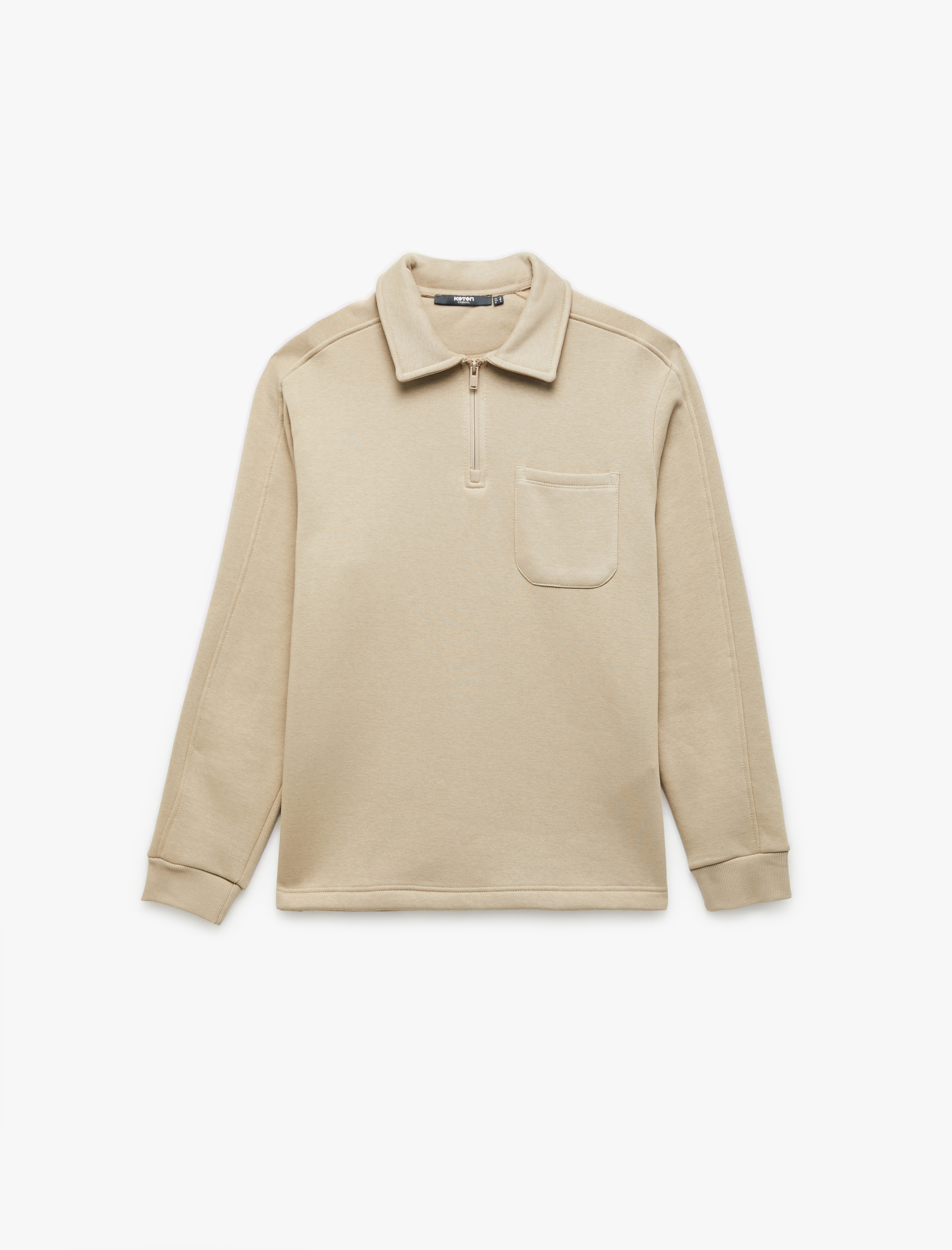   Şardonlu Cep Detaylı Uzun Kollu Yarım Fermuarlı Polo Yaka Sweatshirt