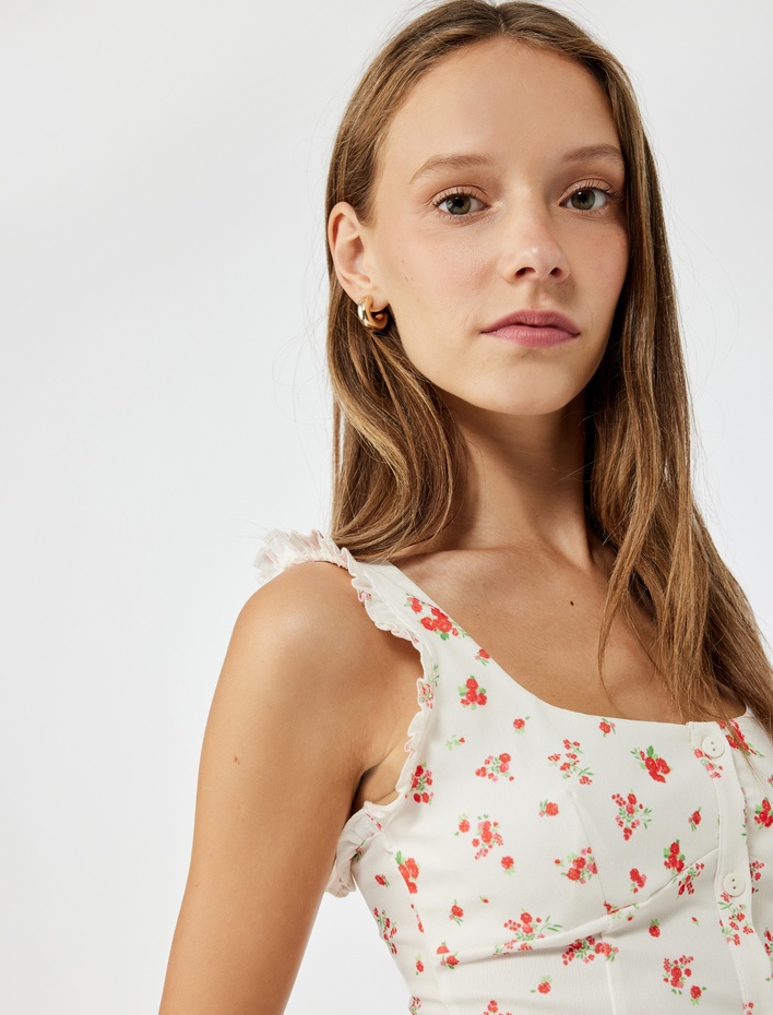  Kare Yaka Kolsuz Düğmeli Çiçekli Bluz