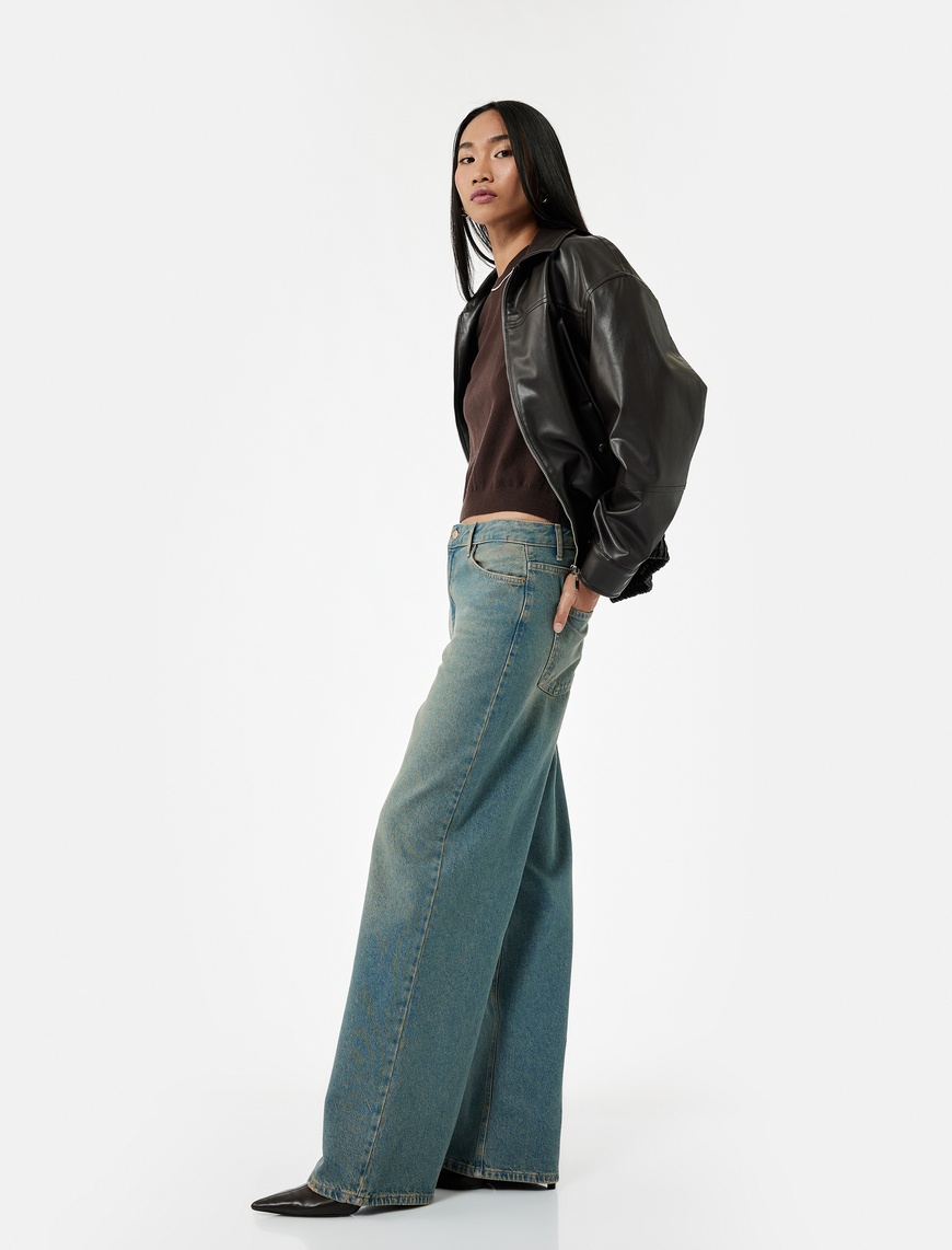   Düşük Bel Düz Paça Pamuklu Straight Yıkamalı Bol Jean Pantolon - Loose Straight Fit Jean