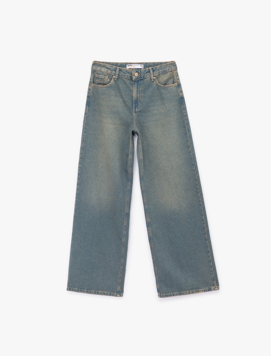   Düşük Bel Düz Paça Pamuklu Straight Yıkamalı Bol Jean Pantolon - Loose Straight Fit Jean
