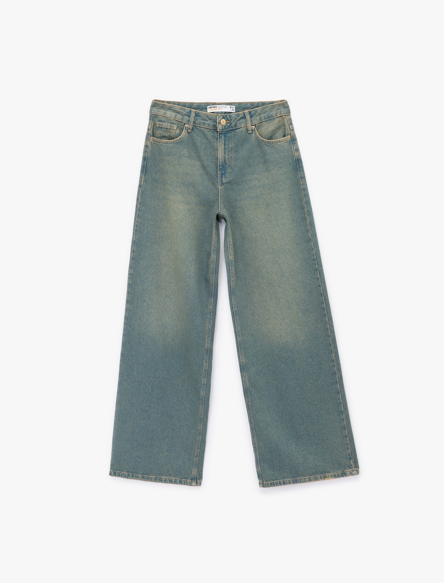   Düşük Bel Düz Paça Pamuklu Straight Yıkamalı Bol Jean Pantolon - Loose Straight Fit Jean