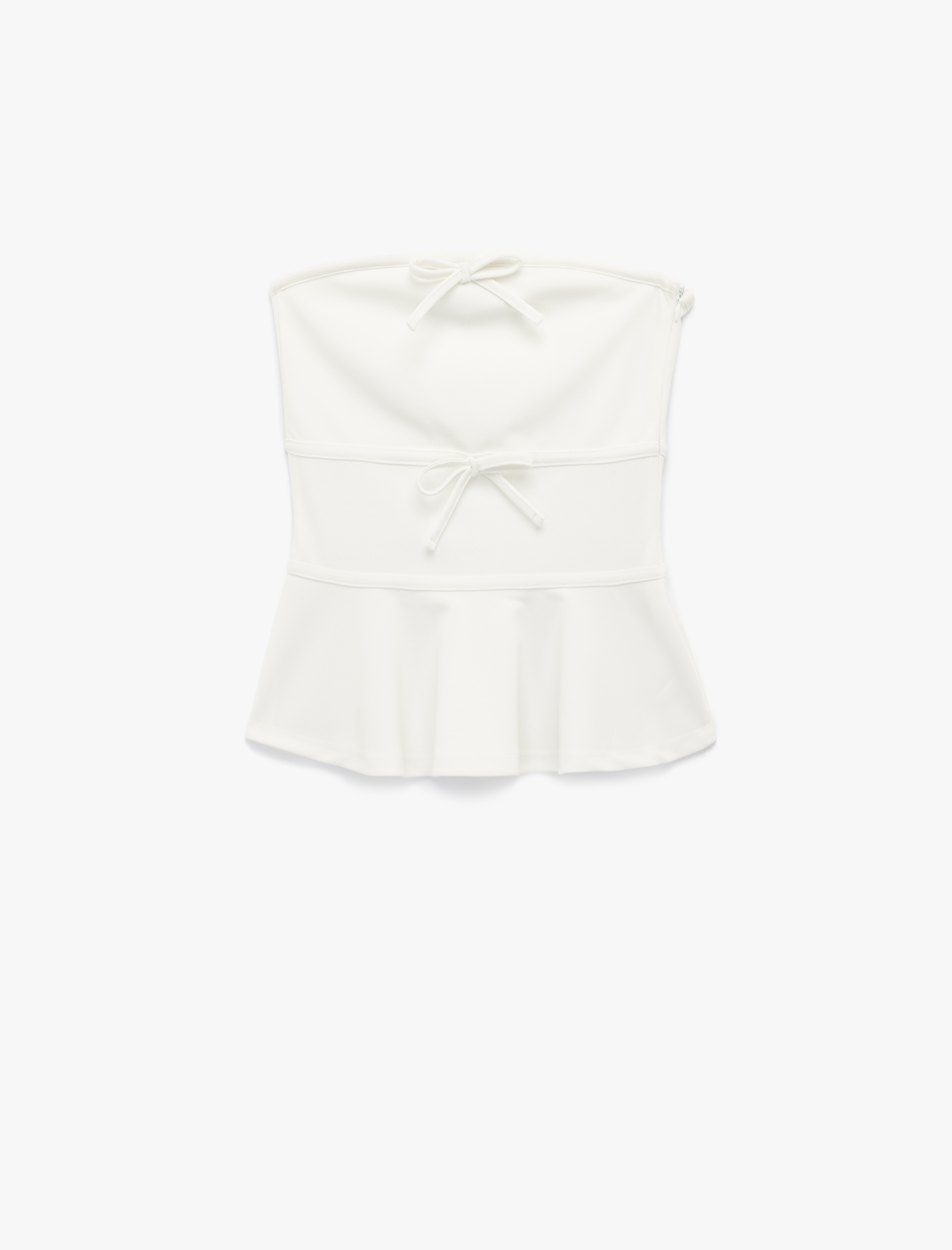   Straplez Yaka Fiyonklu Peplum Volanlı Kolsuz Bluz