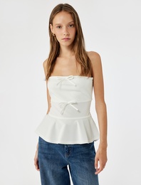 Straplez Yaka Fiyonklu Peplum Volanlı Kolsuz Bluz