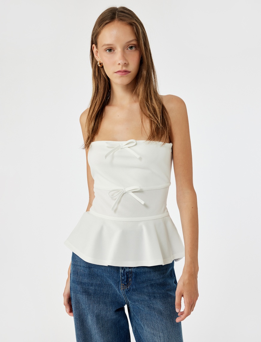  Straplez Yaka Fiyonklu Peplum Volanlı Kolsuz Bluz