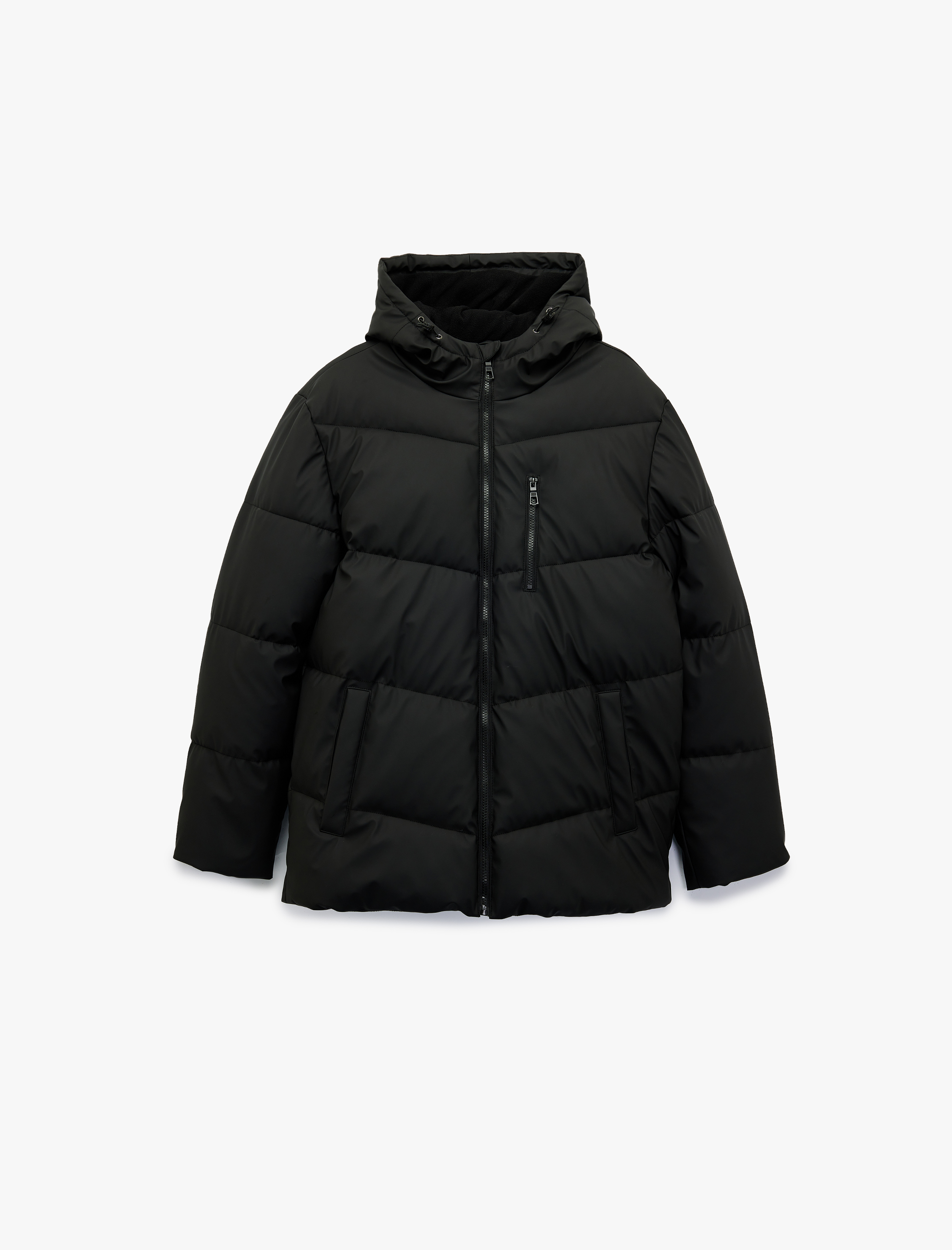   Kapüşonlu Uzun Kollu Fermuarlı Cep Detaylı Kışlık Şişme Mont