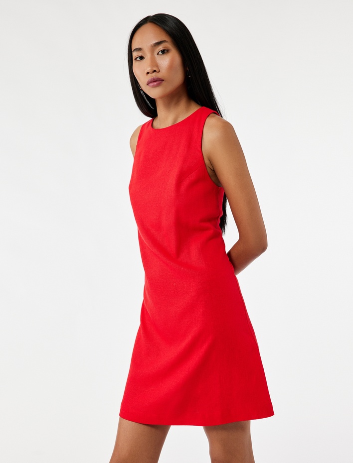  Sırt Dekolteli Kolsuz Bisiklet Yaka Keten Mini Elbise