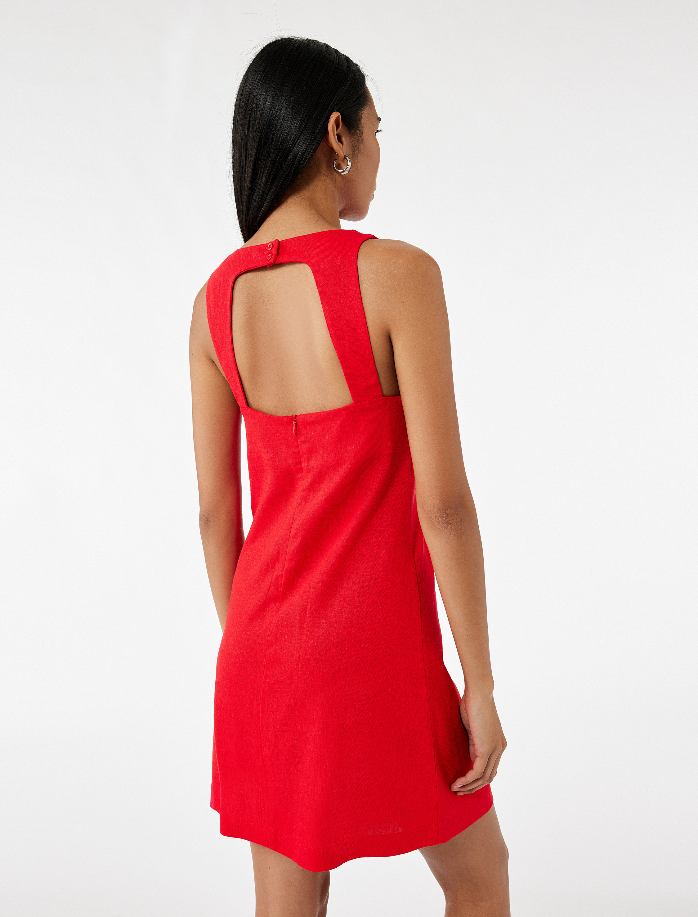   Sırt Dekolteli Kolsuz Bisiklet Yaka Keten Mini Elbise