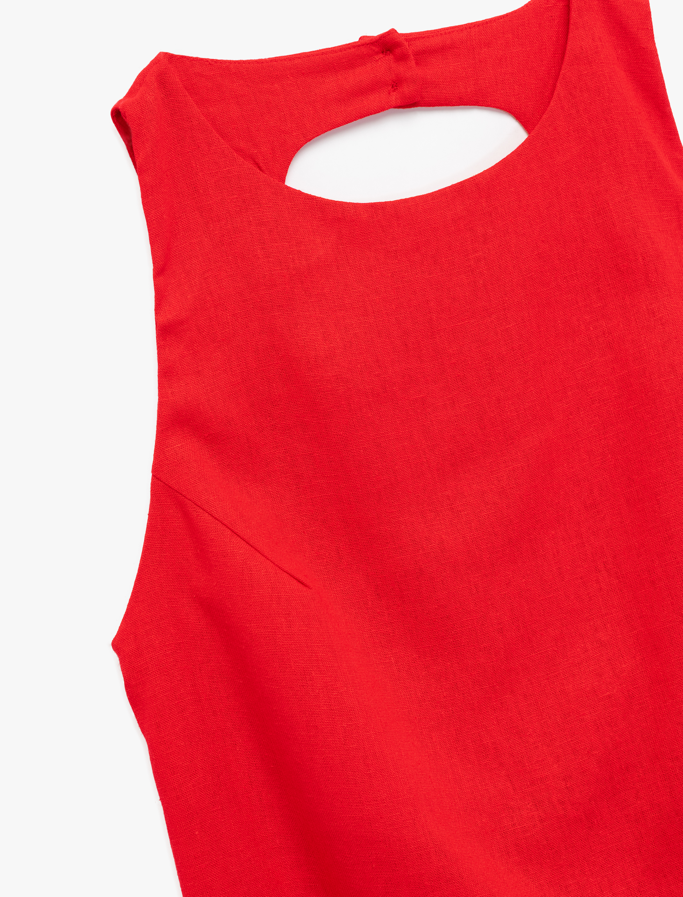   Sırt Dekolteli Kolsuz Bisiklet Yaka Keten Mini Elbise