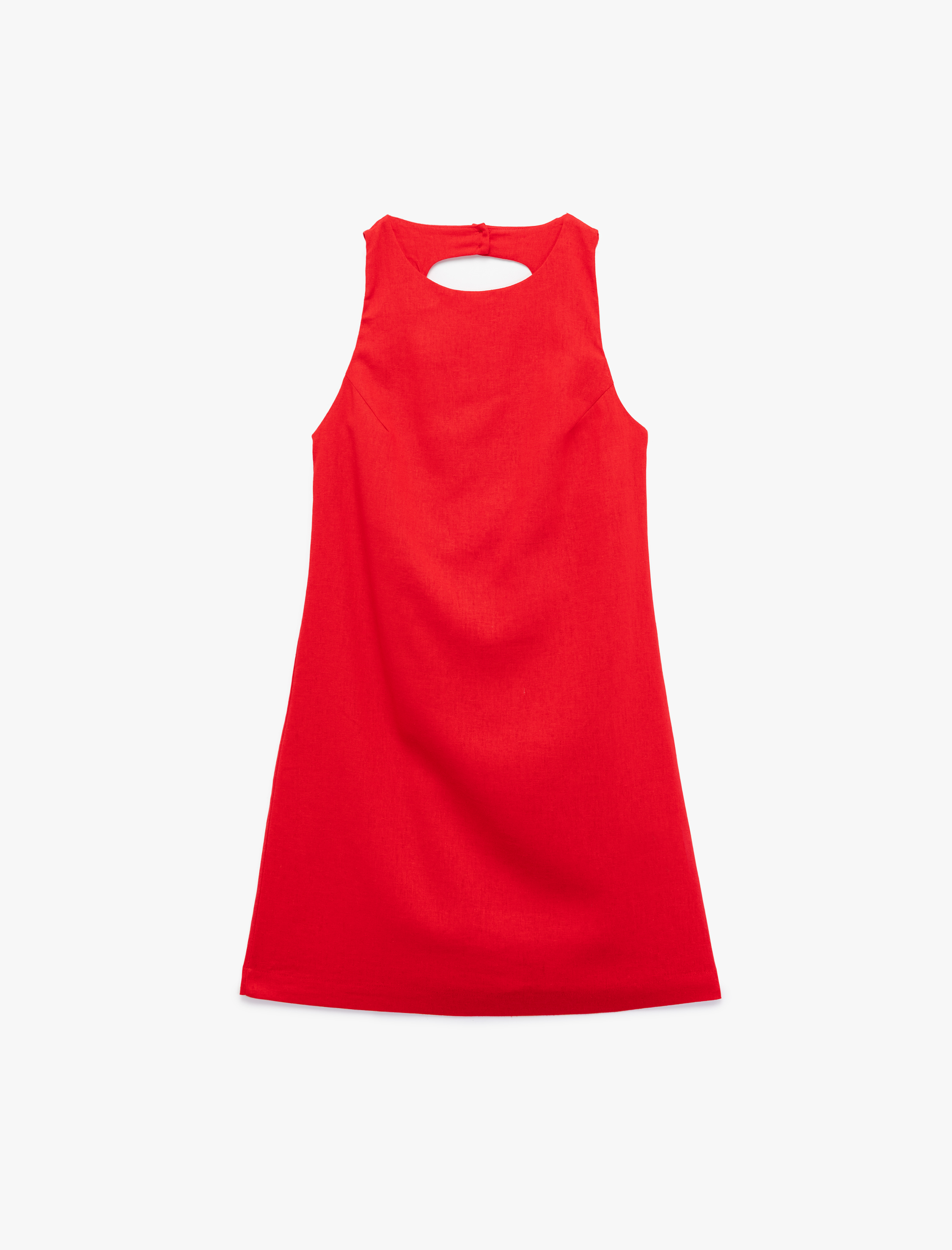   Sırt Dekolteli Kolsuz Bisiklet Yaka Keten Mini Elbise