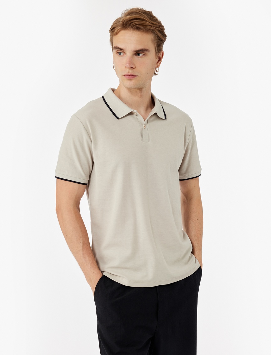   Kısa Kollu Şerit Detaylı Düğmeli Pike Kumaş Pamuklu Slim Fit Polo Yaka Tişört