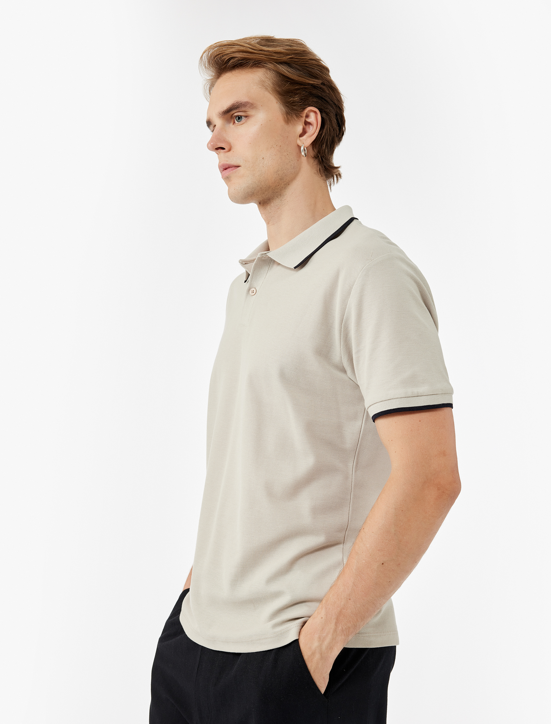   Kısa Kollu Şerit Detaylı Düğmeli Pike Kumaş Pamuklu Slim Fit Polo Yaka Tişört