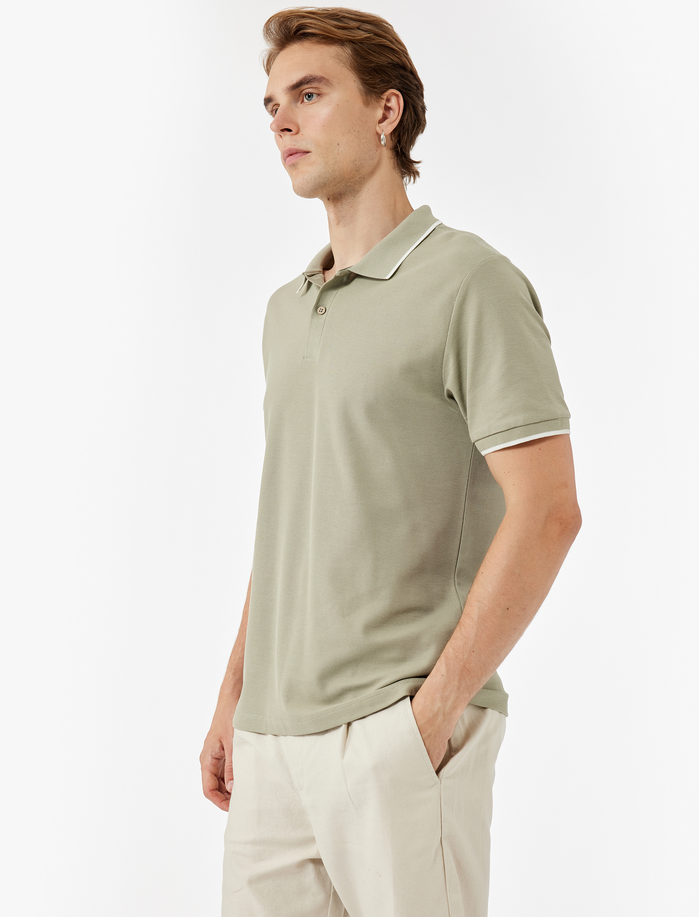   Kısa Kollu Şerit Detaylı Düğmeli Pike Kumaş Pamuklu Slim Fit Polo Yaka Tişört