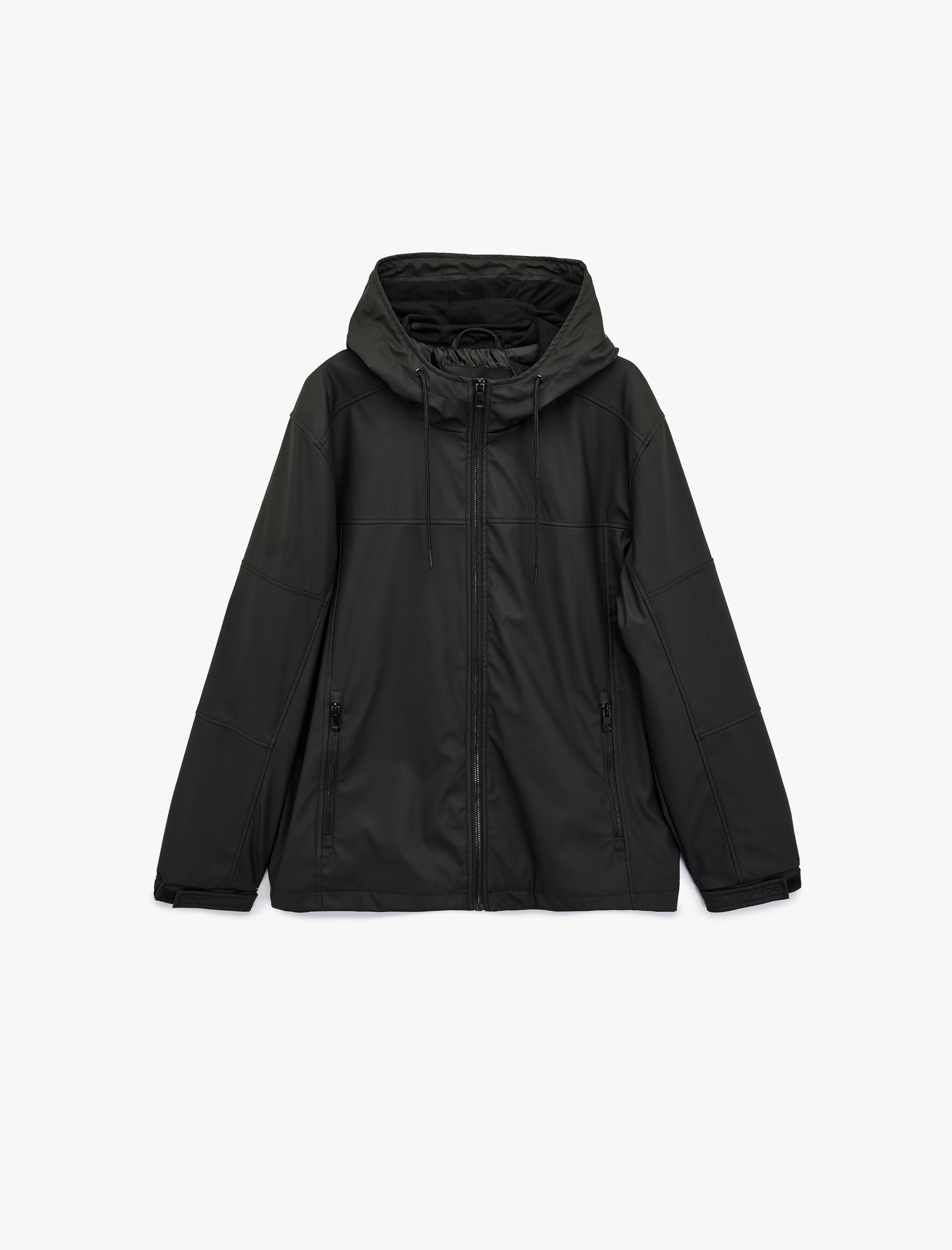   Uzun Kollu Fermuarlı Cep Detaylı Kapşonlu Yağmurluk