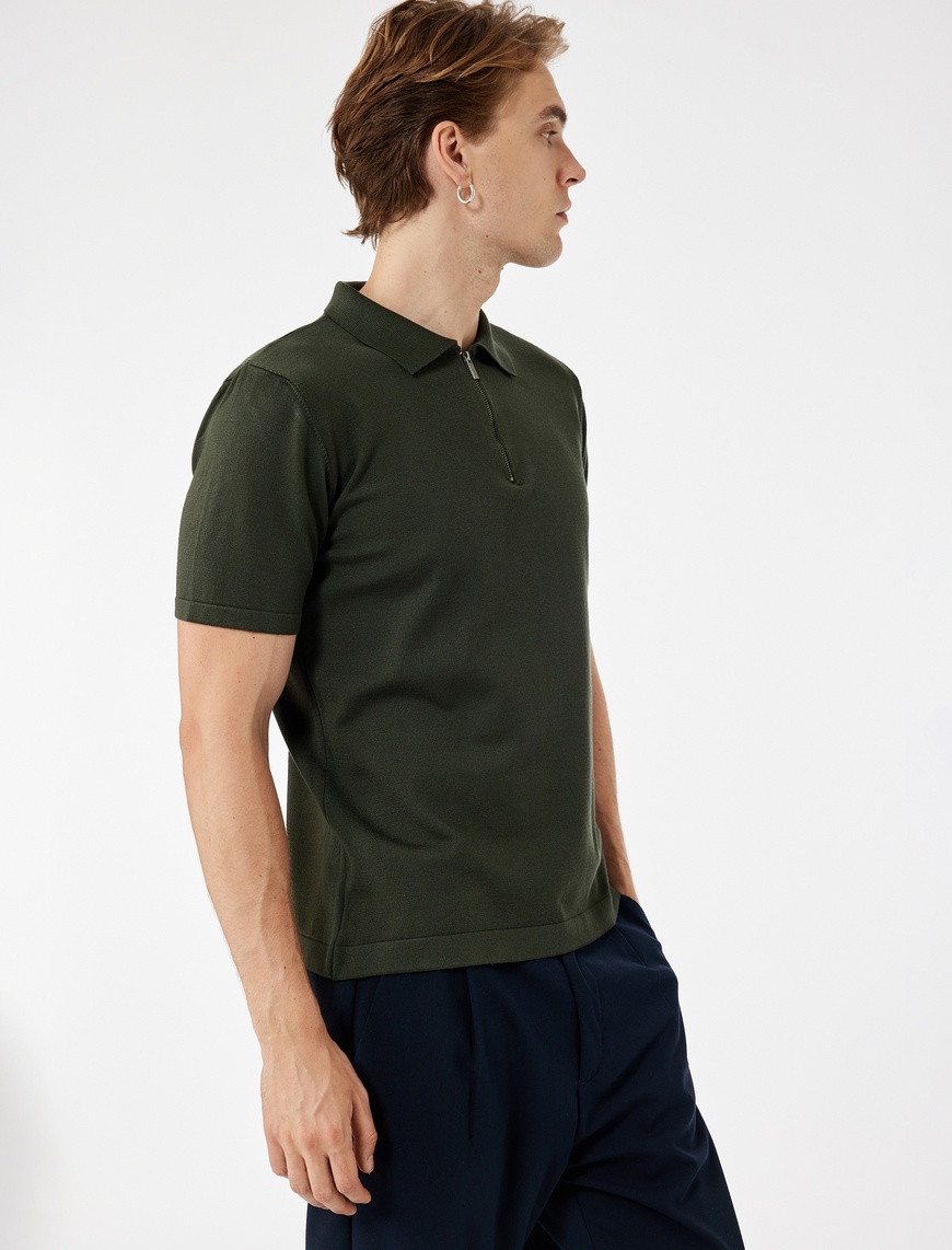   Viskon Regular Fit Polo Yaka Yarım Fermuarlı Kısa Kollu Triko Tişört