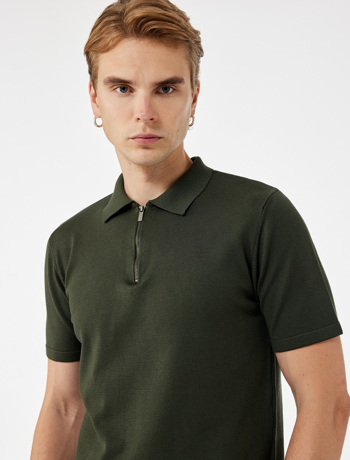  Viskon Regular Fit Polo Yaka Yarım Fermuarlı Kısa Kollu Triko Tişört