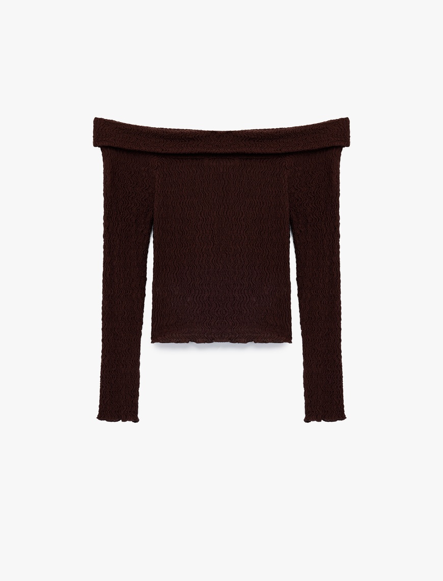   Slim Fit Dokulu Omzu Açık Uzun Kollu Tişört