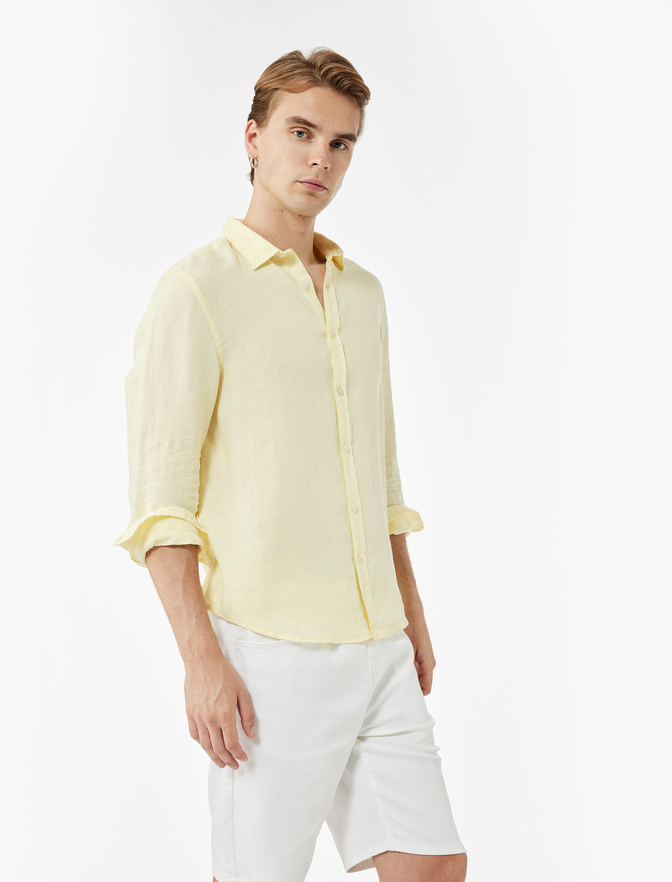   Regular Fit Uzun Kollu Düğmeli Klasik Yaka Keten Gömlek