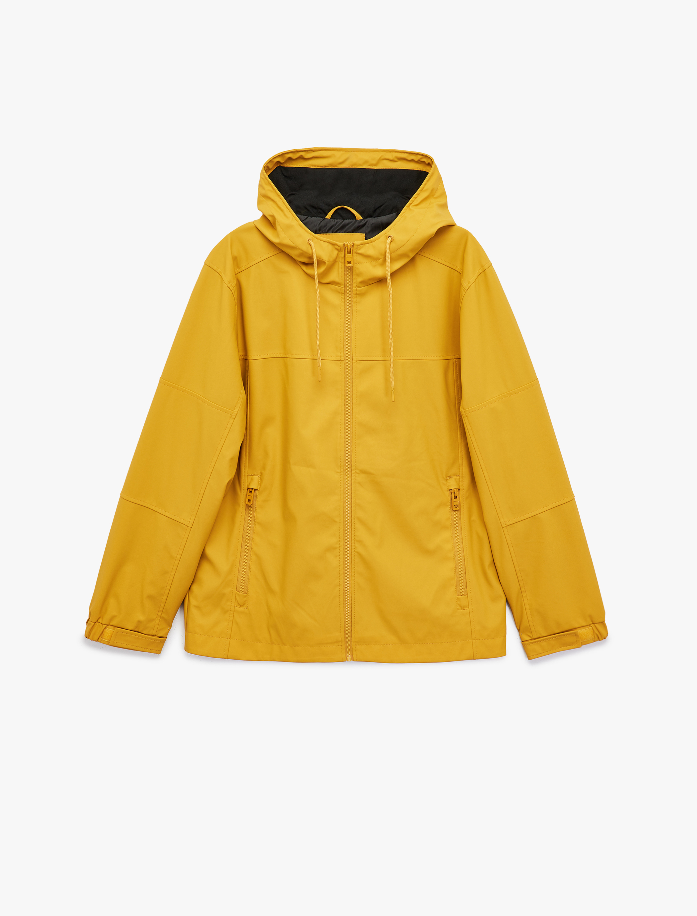   Uzun Kollu Fermuarlı Cep Detaylı Kapşonlu Yağmurluk