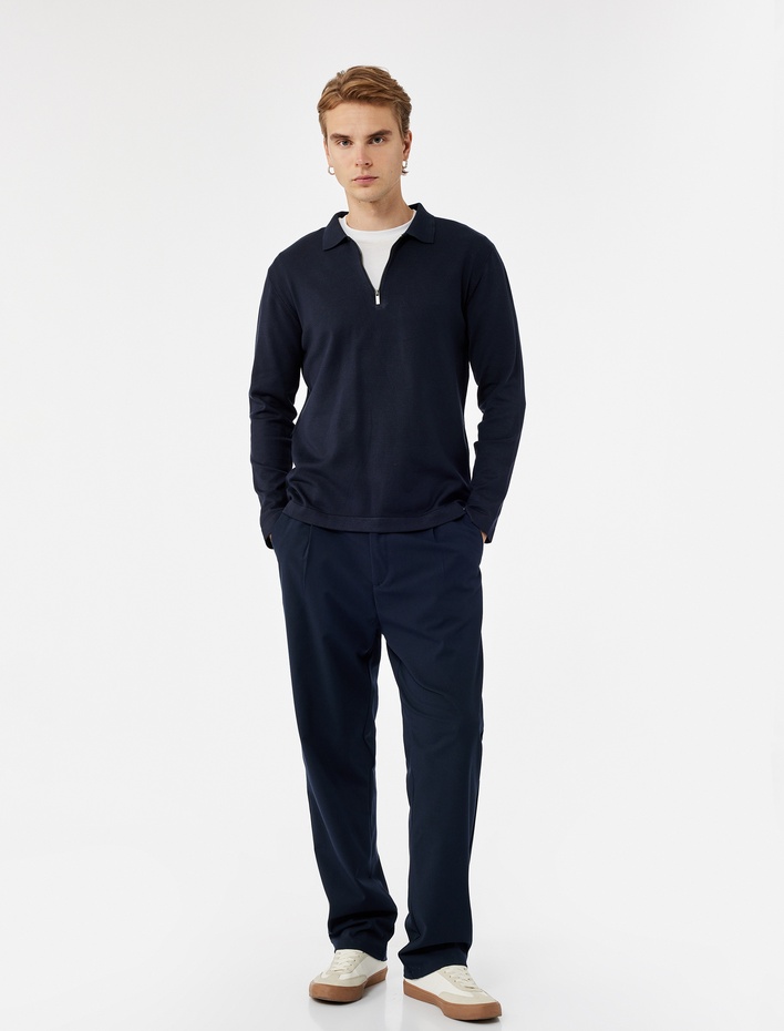  Uzun Kollu Basic Viskon Yarım Fermuarlı Triko Kazak