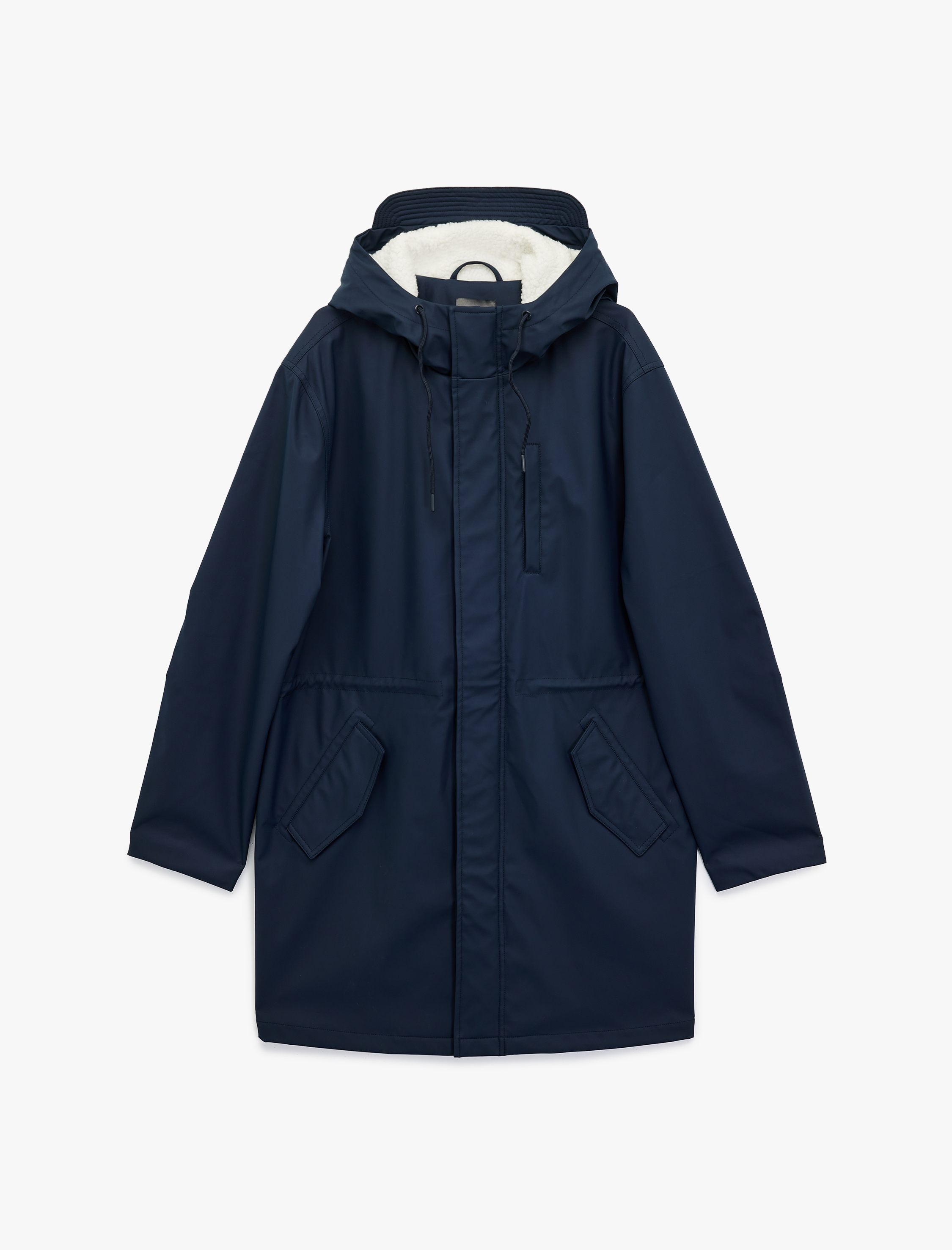   Kapaklı Cep Detaylı Bağcıklı Kapüşonlu Su İtici Uzun Yağmurluk