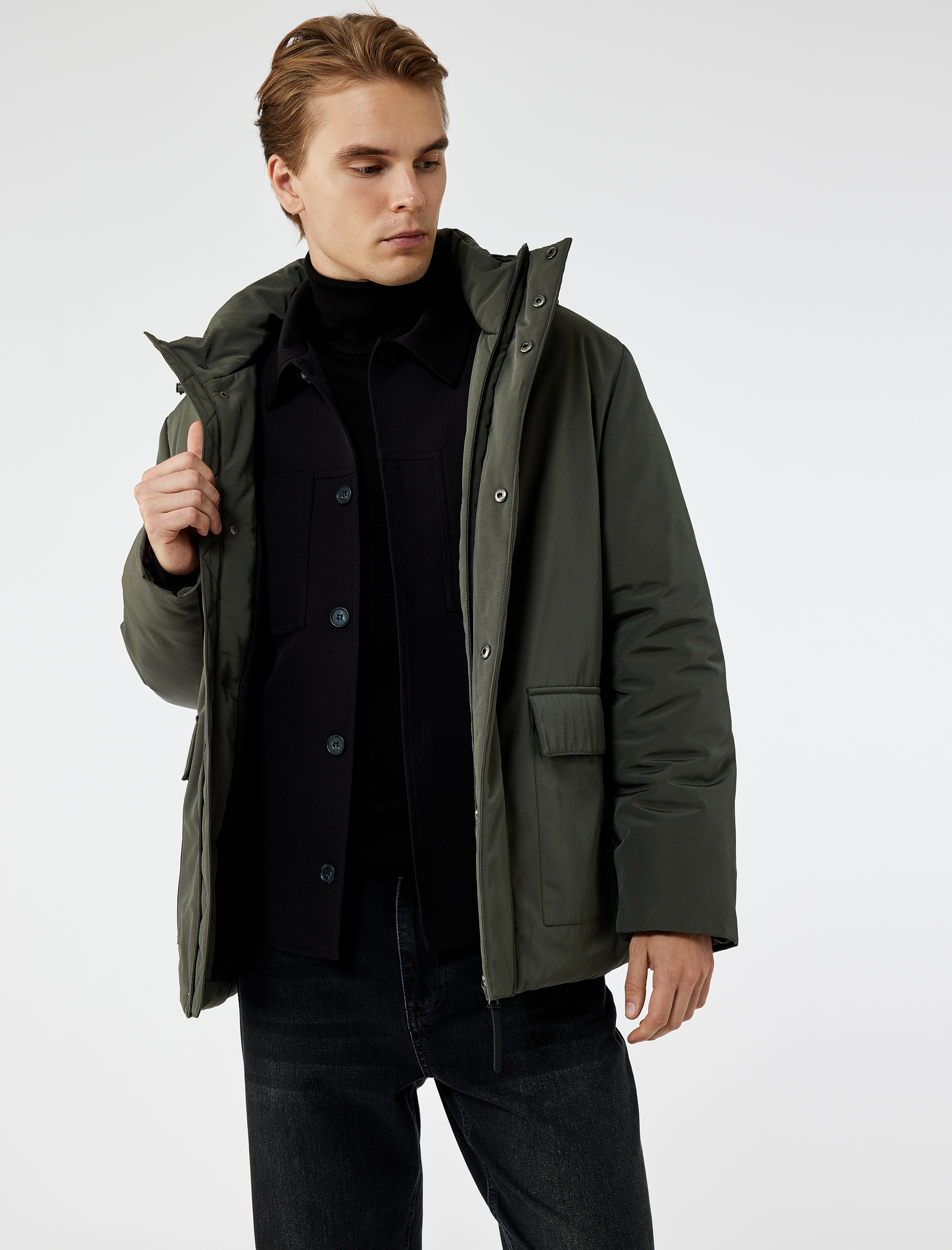 Çıtçıt Düğme Detaylı Fermuarlı Cepli Kapüşonlu Kışlık Şişme Ceket