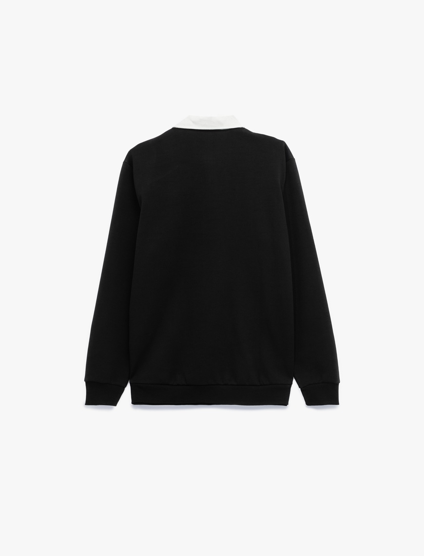   Uzun Kollu Pamuklu Düğmeli Nakışlı Renk Kontrastlı Polo Yaka Sweatshirt