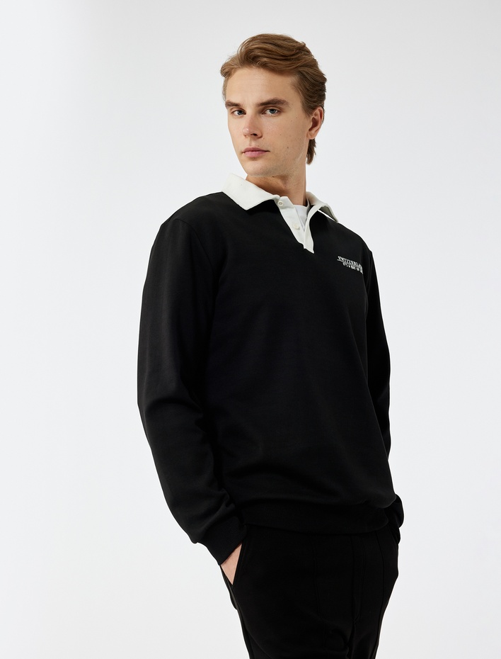 Uzun Kollu Pamuklu Düğmeli Nakışlı Renk Kontrastlı Polo Yaka Sweatshirt