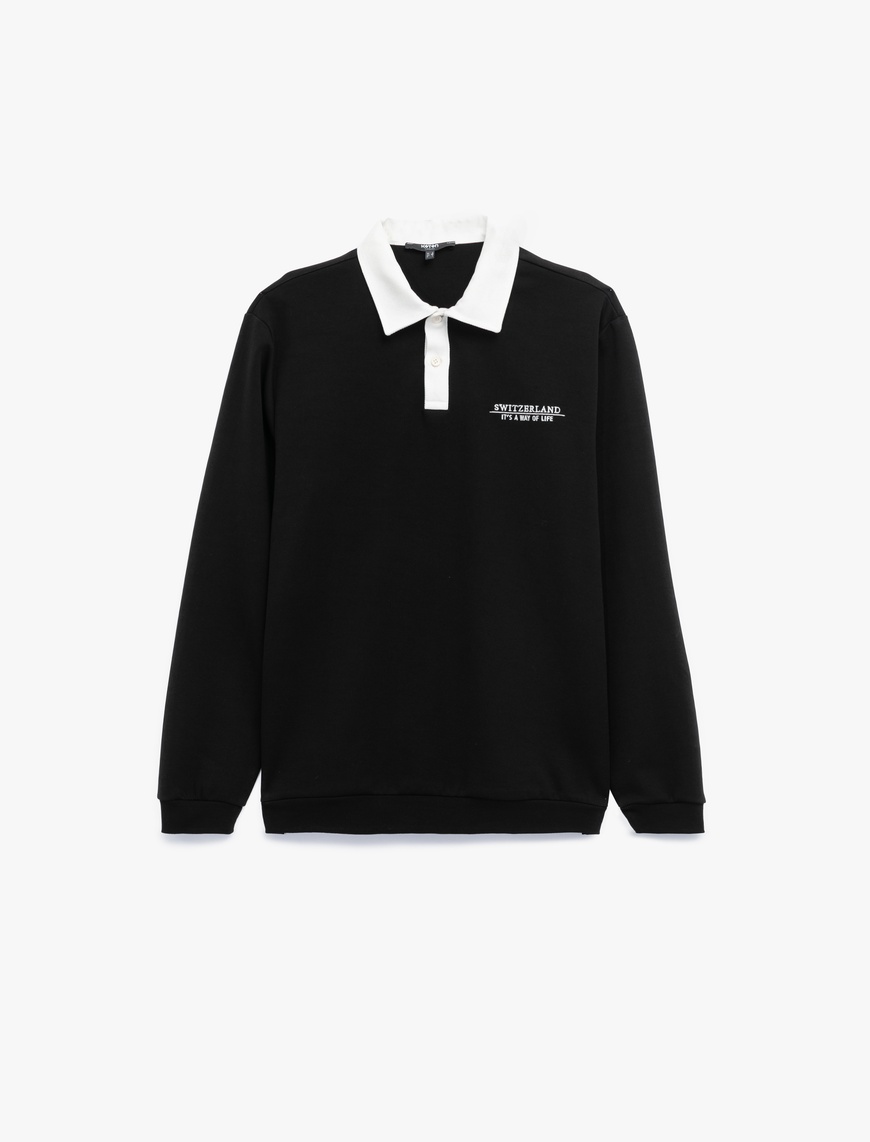   Uzun Kollu Pamuklu Düğmeli Nakışlı Renk Kontrastlı Polo Yaka Sweatshirt