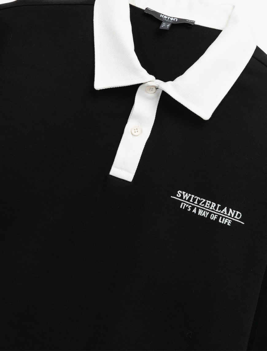   Uzun Kollu Pamuklu Düğmeli Nakışlı Renk Kontrastlı Polo Yaka Sweatshirt