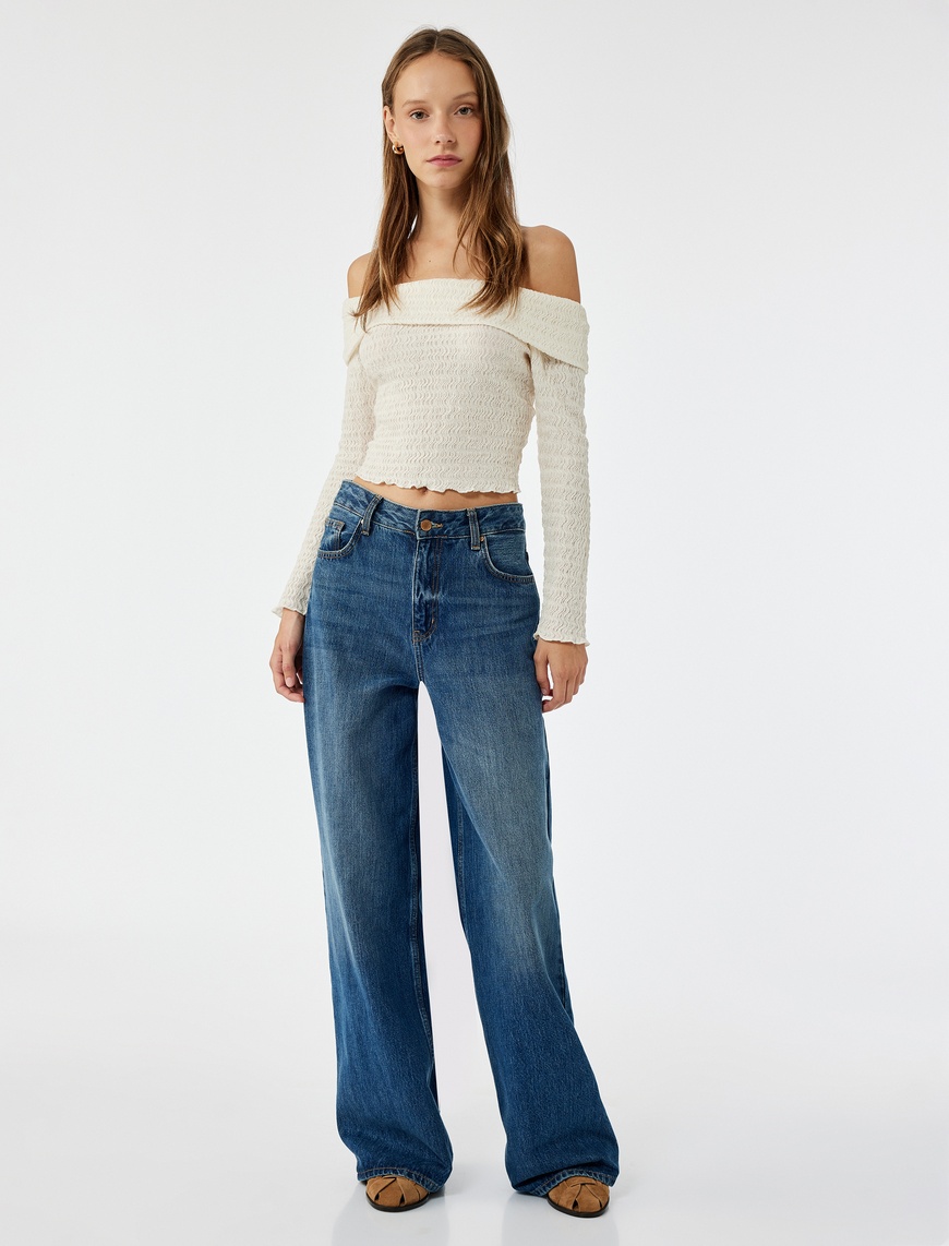   Slim Fit Dokulu Omzu Açık Uzun Kollu Tişört