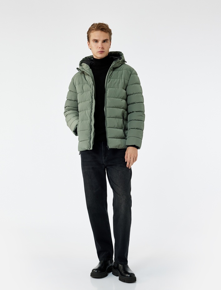  Kapüşonlu Uzun Kollu Fermuarlı Cepli Kışlık Şişme Mont