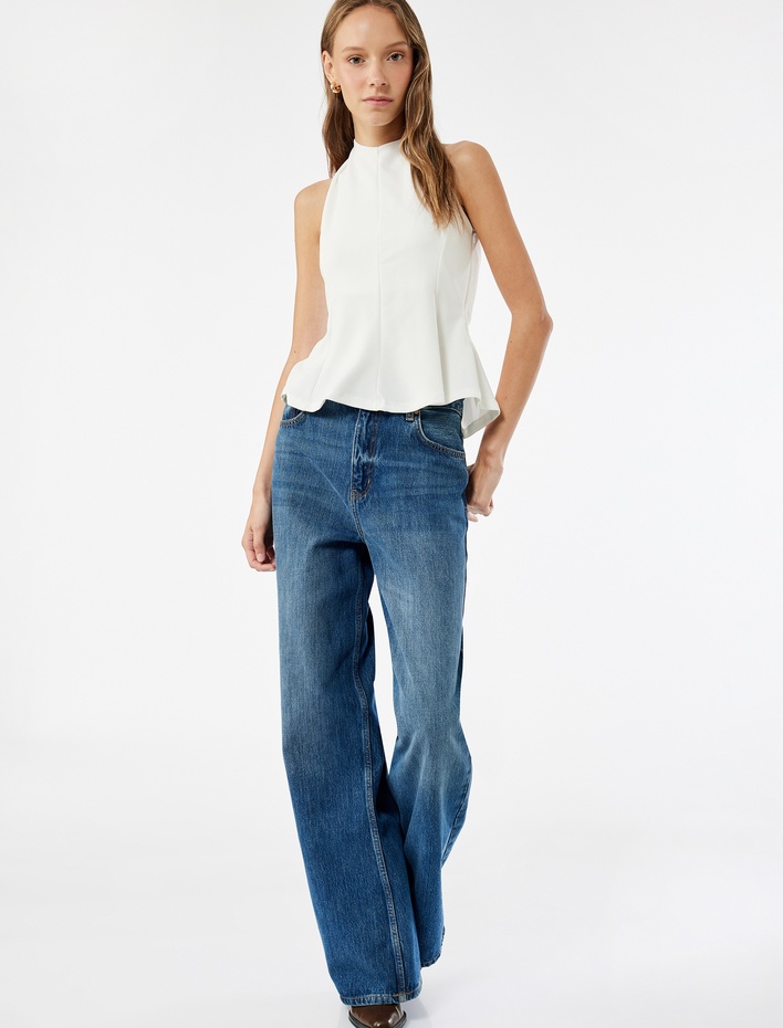  Halter Yaka Kolsuz Krep Peplum Bluz