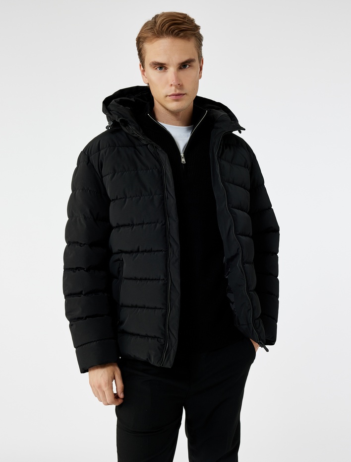  Kapüşonlu Uzun Kollu Fermuarlı Cepli Kışlık Şişme Mont