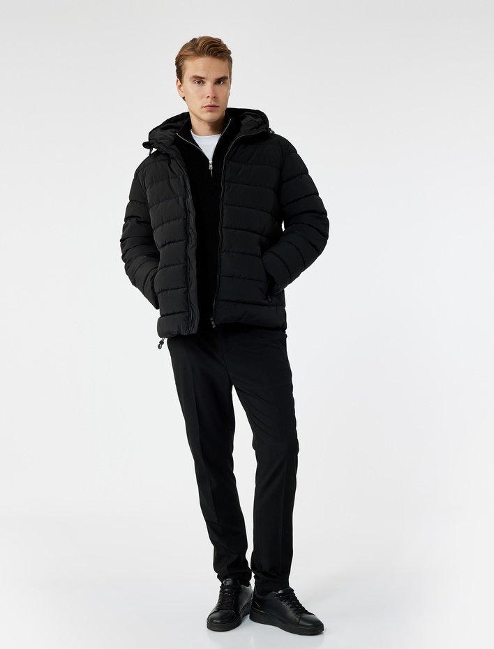  Kapüşonlu Uzun Kollu Fermuarlı Cepli Kışlık Şişme Mont