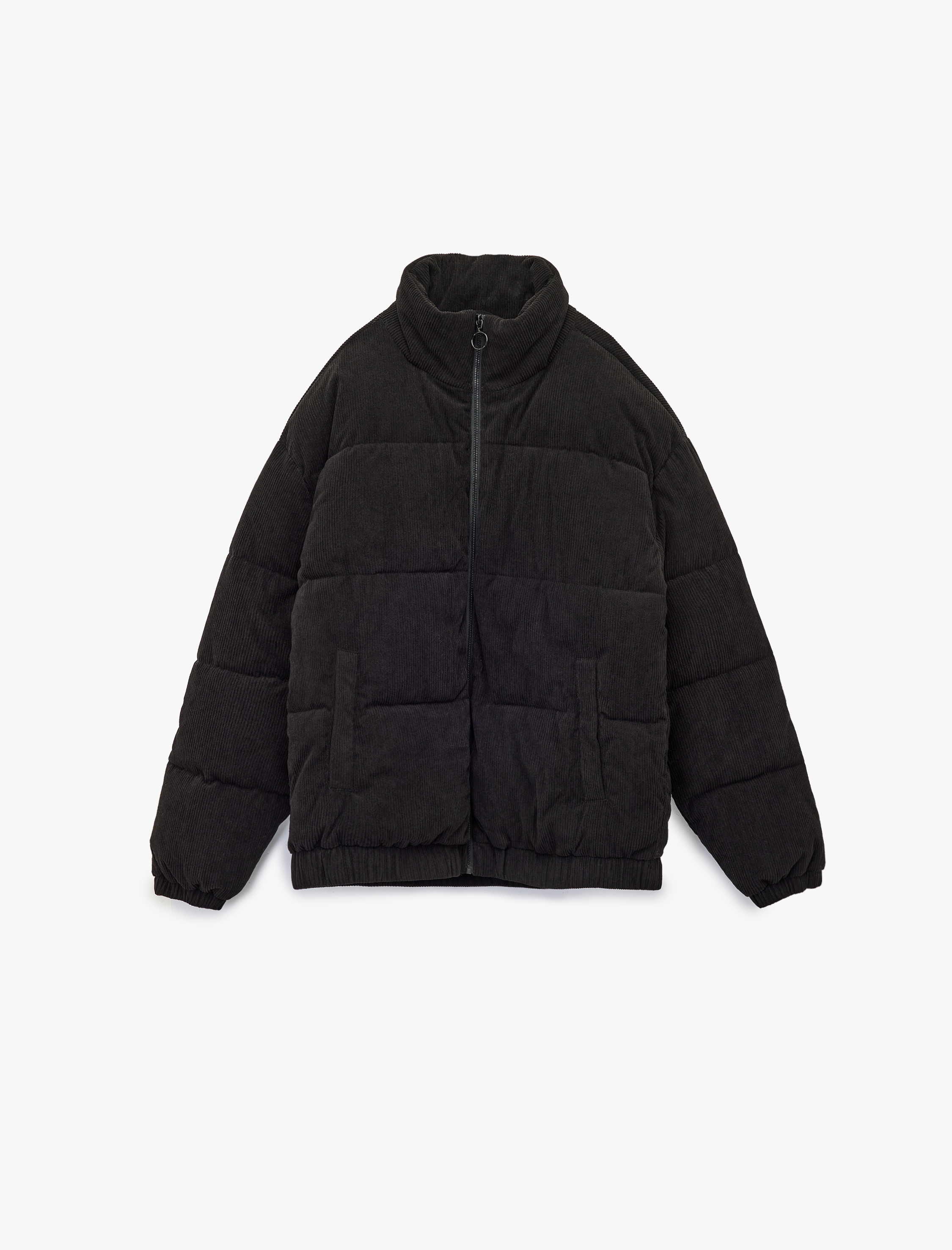   Dik Yaka Uzun Kollu Cep Detaylı Fermuarlı Fitilli Kadife Kışlık Şişme Mont