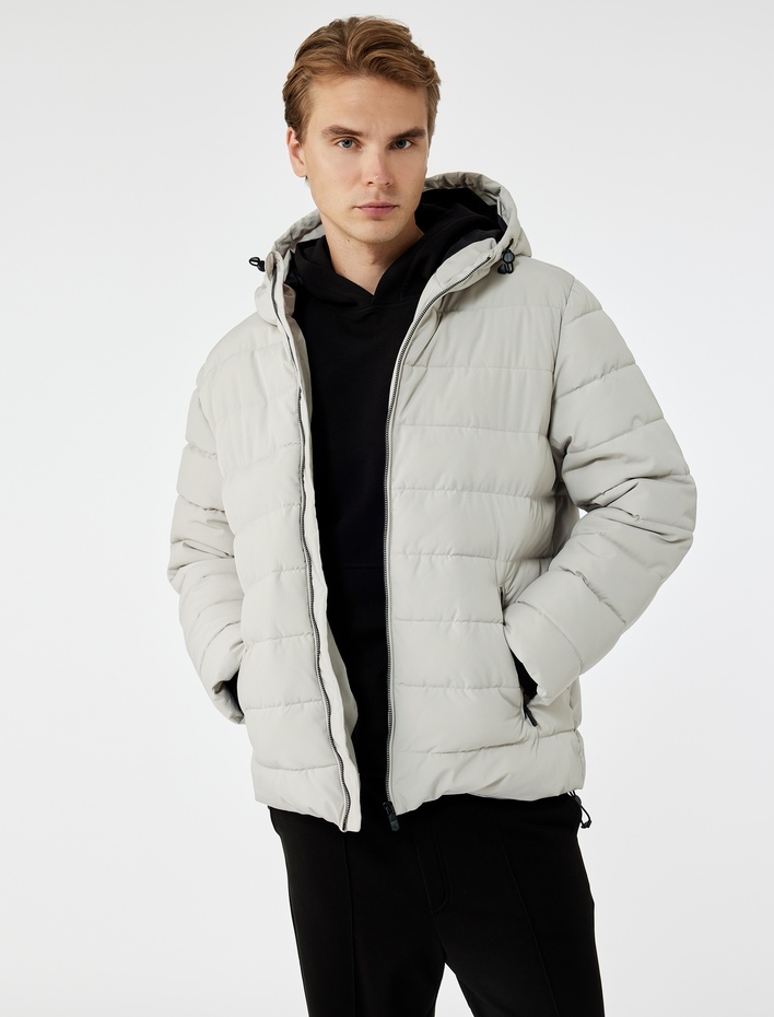  Kapüşonlu Uzun Kollu Fermuarlı Cepli Kışlık Şişme Mont